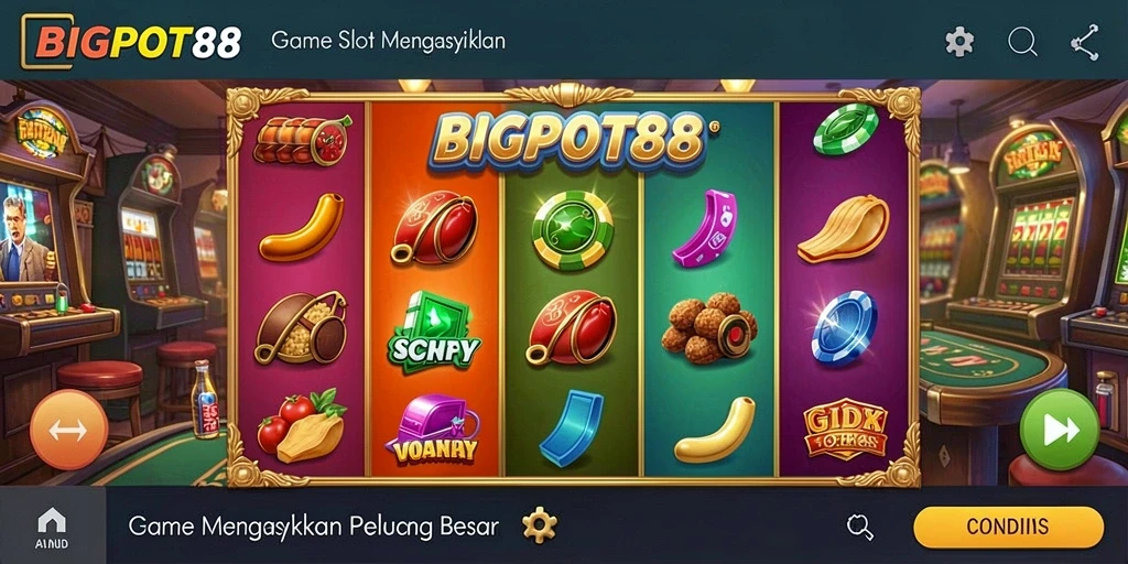 Tampilan gameplay BIGPOT88 dengan mesin slot yang berwarna-warni.