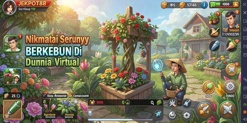 Screenshot dari gameplay JEKPOT88 menampilkan aktivitas berkebun yang seru.