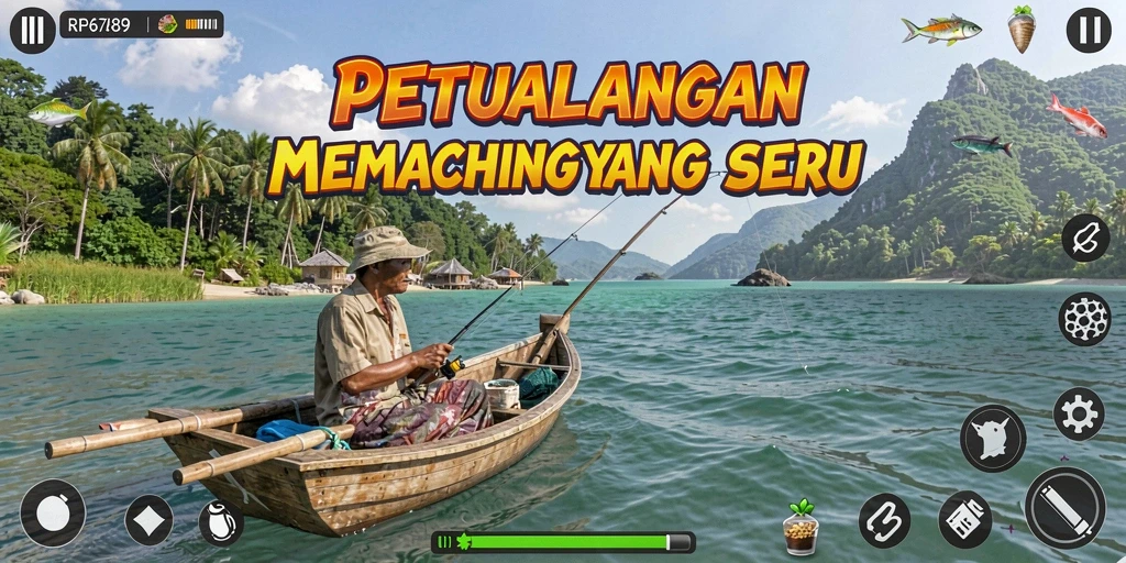 Screenshot menunjukkan pemain menangkap ikan besar di danau yang menakjubkan.